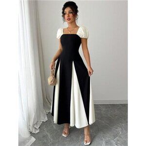 Contrast Puff Sleeve Midi Dress